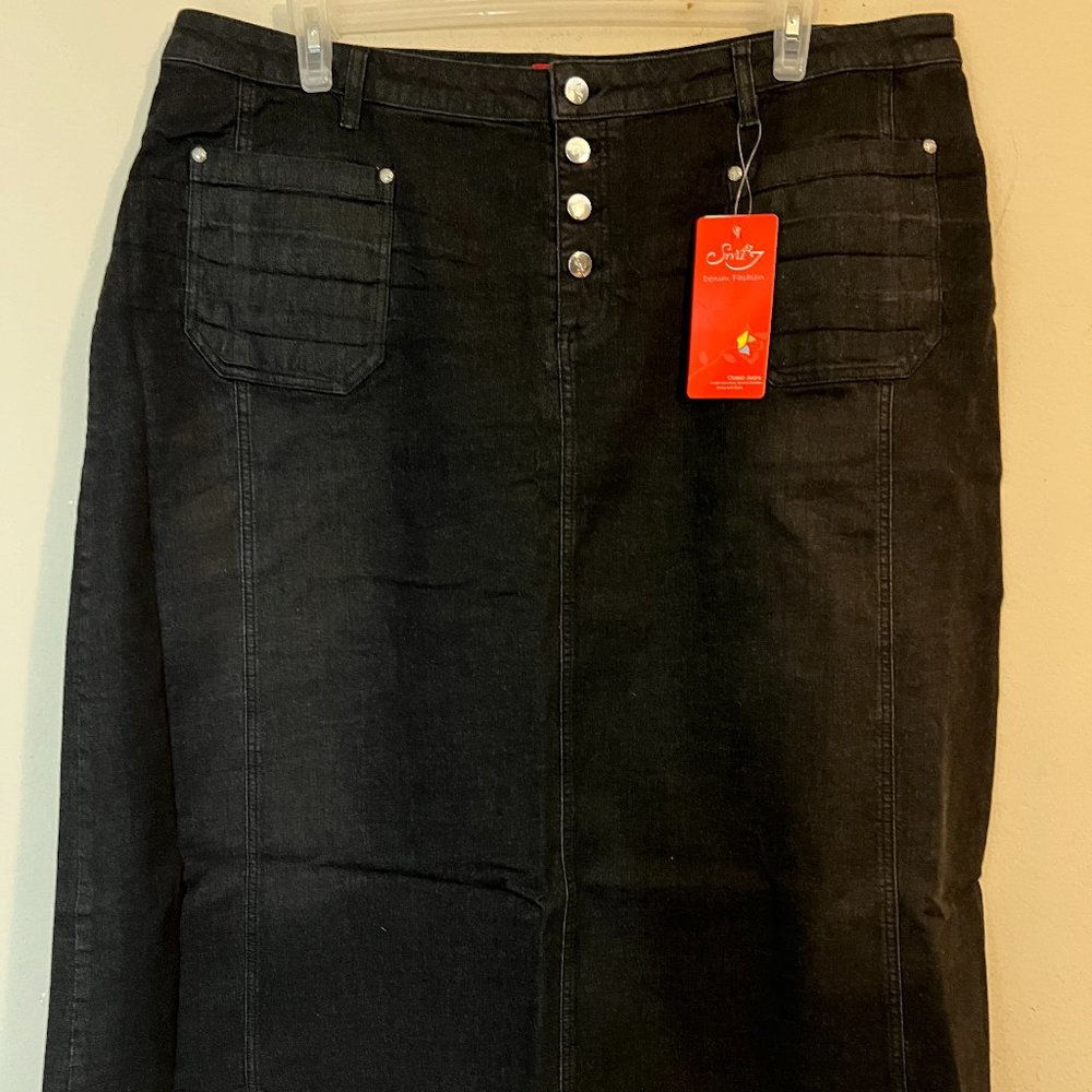Black Denim Midi Skirt Y2K Vintage Cowgirl A-Line Stretch sz 22 New by Style J - Picture 2 of 8